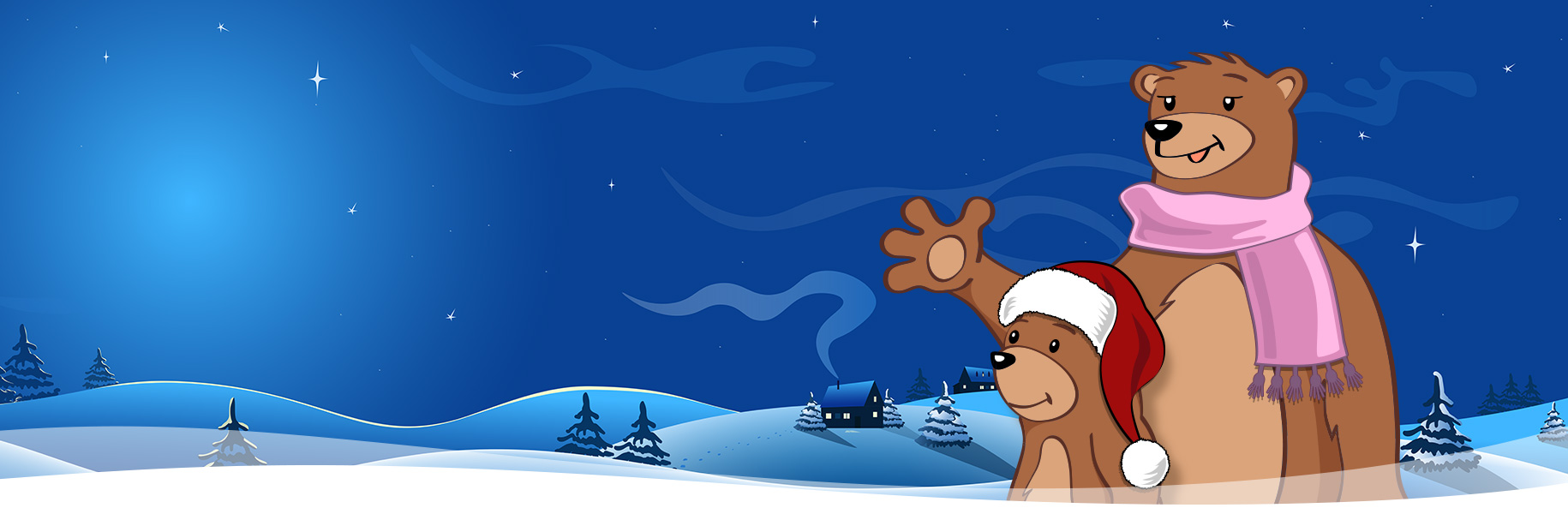 Bären-Maskottchen mit Kind mit Schal und Mütze vor Weihnachtslandschaft